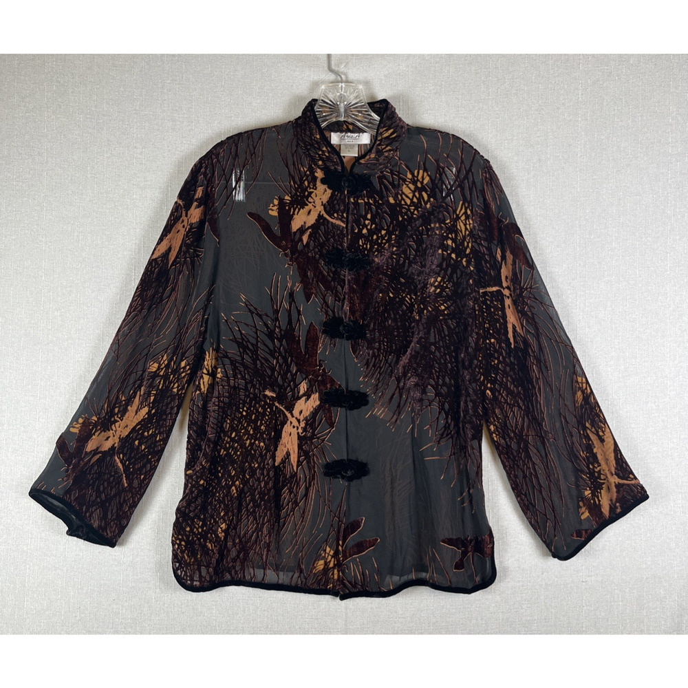 Ania A Silk * Velvet Burnout Asian Button-up Tunic Top Womens Size L Dragonfly
